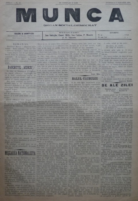 Ziarul Munca , organ social-democrat ,an 1 ,nr. 46 ,1891 , I. Nadejde , C. Mille