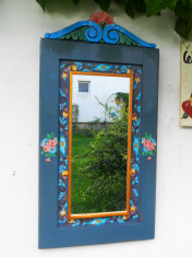 Oglinda cu rama pictata manual-bleu-gri foto