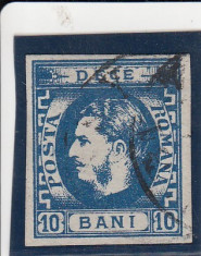 ROMANIA 1869 , LP 26 , CAROL I CU FAVORITI VALOAREA 10 BANI ALBASTRU STAMPILAT foto