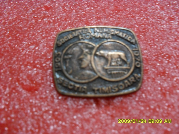 Insigna Societatea numismatica Romana Sectia Timisoara 1970