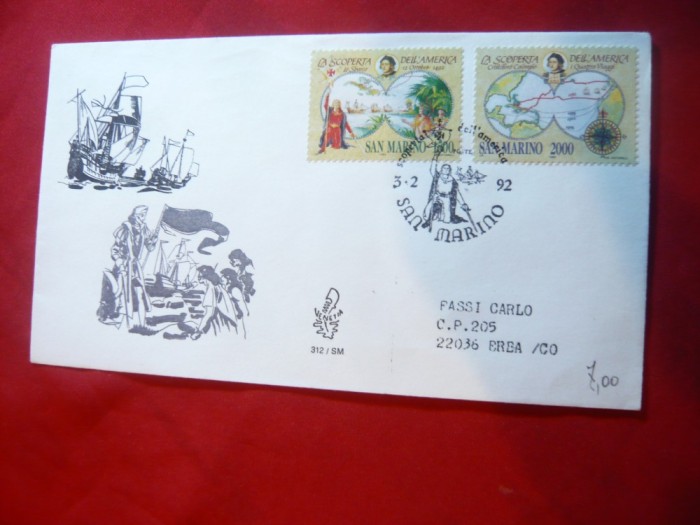 Plic FDC - Descoperirea Americii - Columb 1992 San Marino