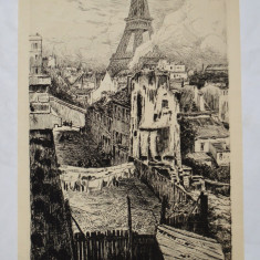 Ernest Marie Herscher "Strada din Paris" gravura veche