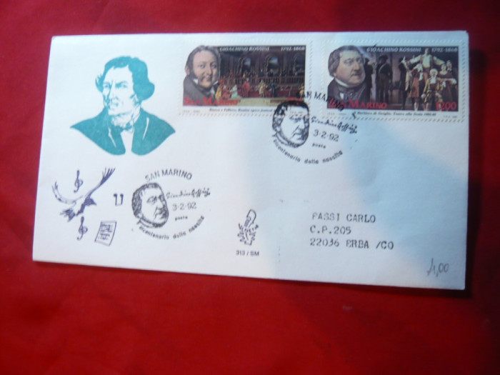 Plic FDC - Muzica -G.Rossini 1992 San Marino , numerotat, nr. mic