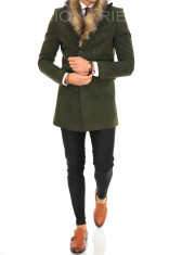 Palton pentru barbati, kaki cu blana - LICHIDARE DE STOC - 9632 foto