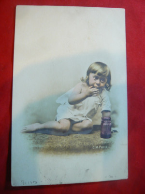 Ilustrata - Piesa clasica circ. 5 bani Spic de Grau cca 1906- Copil la borcan foto