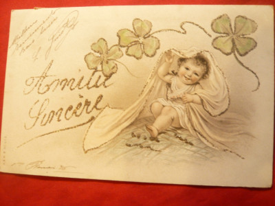 Ilustrata- Felicitare cca.1900 - Copil cu trifoi cu 4 foi foto
