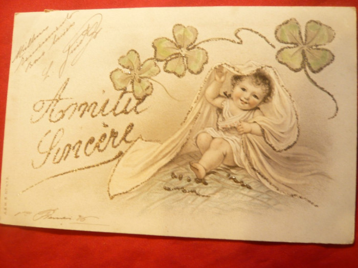 Ilustrata- Felicitare cca.1900 - Copil cu trifoi cu 4 foi