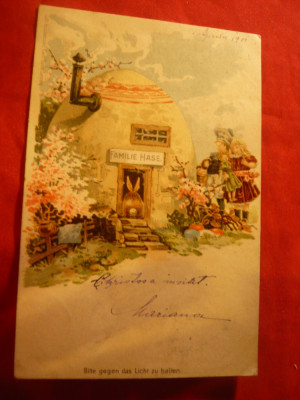 Ilustrata-Litografie-Felicitare de Paste-Casuta OU a Iepurasului si Copii ,1901 foto