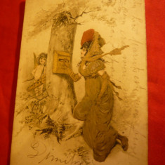 Ilustrata-1906 Femeie la casuta postala a dragostei ,cu Eros in preajma- Lehliu