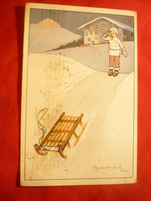 Ilustrata comica - Copil si saniuta ,semnata ,circ. 1923 Elvetia