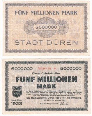 (1) BANCNOTA (NOTGELD) GERMANIA - DUREN - 5 MILLIONEN MARK 1923 (8 AUGUST 1923) foto