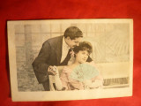 Ilustrata romantica Tanara cu evantai ,si iubitul-circ. 1905 , 5cent uz.Elvetia, Circulata, Printata