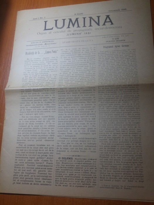 ziarul lumina octombrie 1895-organ al cercului de propaganda social democrata ziarul lumina octombrie 1895-organ al cercului de propaganda social democrata