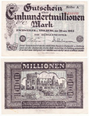 (1) BANCNOTA (NOTGELD) GERMANIA - 100 MILLIONEN MARK 1923,ESCHWEILER SI STOLBERG foto