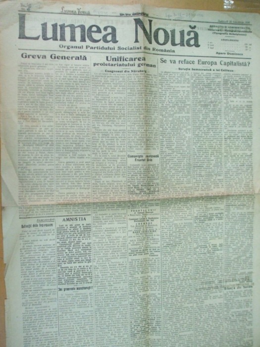Lumea Noua 22 octombrie 1922 partid socialist Romania Ploiesti Baia Noua Galati