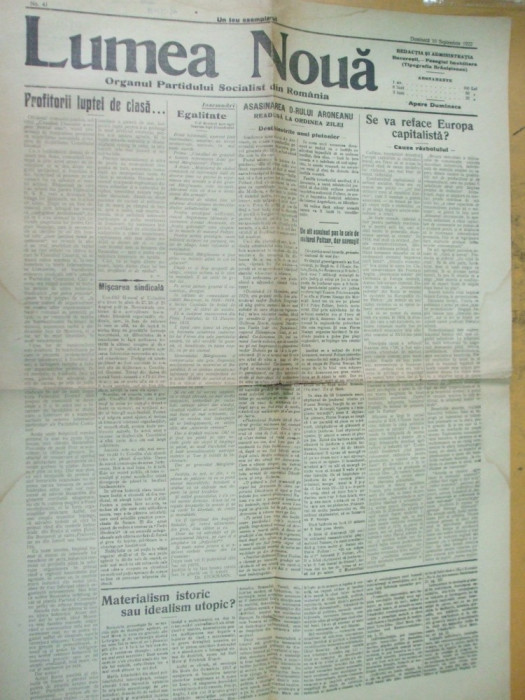 Lumea Noua 10 septembrie 1922 partid socialist Romania Aroneanu Argetoianu Ciser