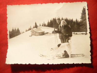 Fotografie- Cuplu la schi ,cu un caine , 1971,dim.= 12x9 cm foto