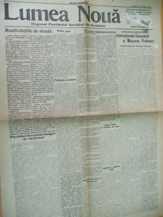 Lumea Noua 10 decmbrie 1922 partid socialist Romania Voinea comunist sindicat