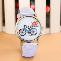 NOU Ceas de dama fashion alb bicicleta MY BICYCLE Geneva curea tip denim