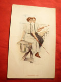 Ilustrata de autor - Scena idilica -La Pescuit, 1910, Necirculata, Printata