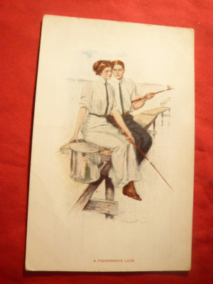 Ilustrata de autor - Scena idilica -La Pescuit, 1910 foto