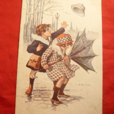 Ilustrata - Copii in furtuna semnat S.Ubalde , inc.sec.XX