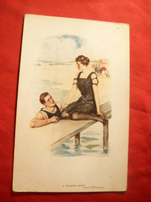 Ilustrata de autor - Scena idilica - Sirena moderna ,semnat C.Underwood 1910 foto