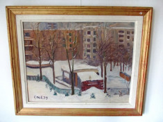 Constantin Mitroescu, &amp;quot;1925-2004&amp;quot;, &amp;quot;Iarna in Bucuresti&amp;quot;, ulei pe carton,76x60cm foto
