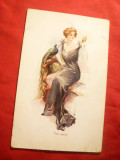 Ilustrata de autor - Femeie cu paun - The Vanity -inc.sec.XX, Necirculata, Printata
