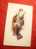 Ilustrata de autor - Femeie cu paun - The Vanity -inc.sec.XX