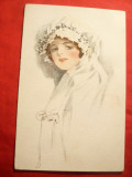 Ilustrata de autor - Femeie in alb semnat Barber , inc.sec.XX