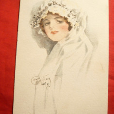 Ilustrata de autor - Femeie in alb semnat Barber , inc.sec.XX