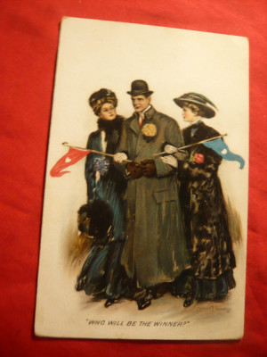 Ilustrata de autor - Scena idilica -Barbat cu 2 femei in competitie ,inc.sec.XX foto