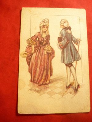 Ilustrata de autor-Scena romantica de epoca circulat 1921 ,Italia,semnata foto