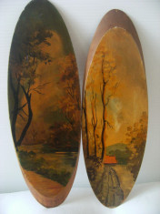 Superb lot de 2 tablouri ovale,pictate pe lemn,Toamna,stare perfecta,de decor.. foto