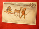 Felicitare Anul Nou 1927 - Sanie cu 2 copii, trasa de caprioara, Circulata, Printata
