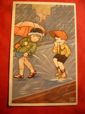 Ilustrata comica semnat Margaret Boris - Glume in ploaie ,inc.sec.XX foto