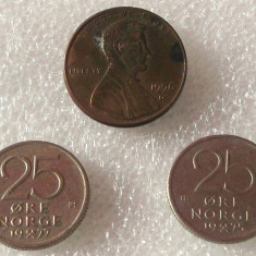 P2. Lot 3 monede: SUA 1 cent 1996 D + Norvegia 25 ore 1975 si 1977 **