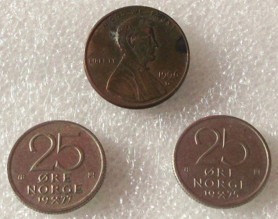 P2. Lot 3 monede: SUA 1 cent 1996 D + Norvegia 25 ore 1975 si 1977 ** foto