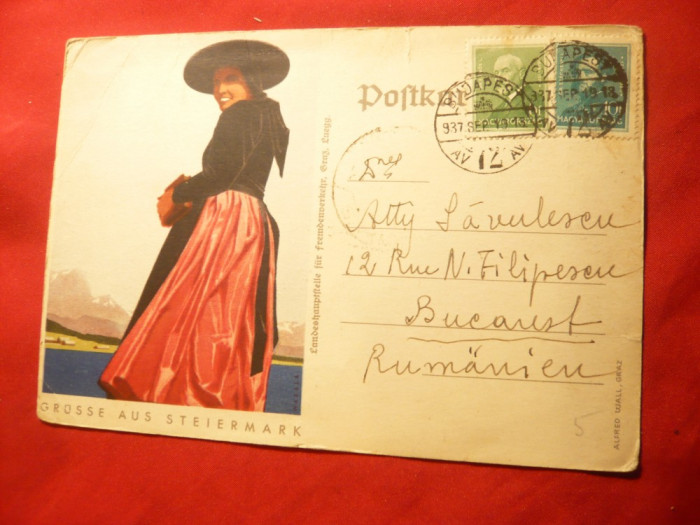 Ilustrata -Costum Popular din Steiermark - Germania 1937 circulat timbre Ungaria