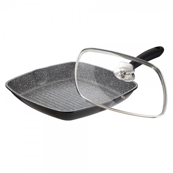 Tigaie grill cu interior de granit si capac, 28x28x4.3cm, zillinger foto mare Tigaie grill cu interior de granit si capac, 28x28x4.3cm, zillinger foto mare