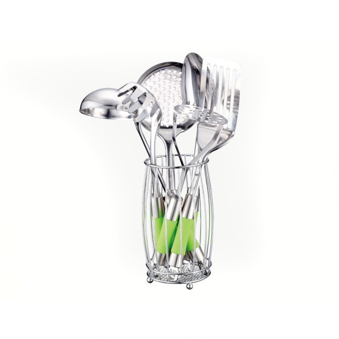 Set ustensile bucatarie din inox 6 piese cu suport, peterhof, maner verde foto mare Set ustensile bucatarie din inox 6 piese cu suport, peterhof, maner verde foto mare