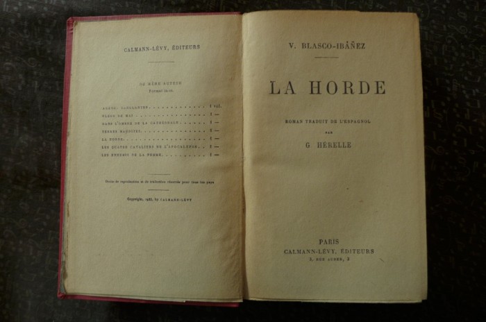 La horde de V. Blasco-Ibanez Ed. Calmann-Levy 1923 foto mare La horde de V. Blasco-Ibanez Ed. Calmann-Levy 1923 foto mare