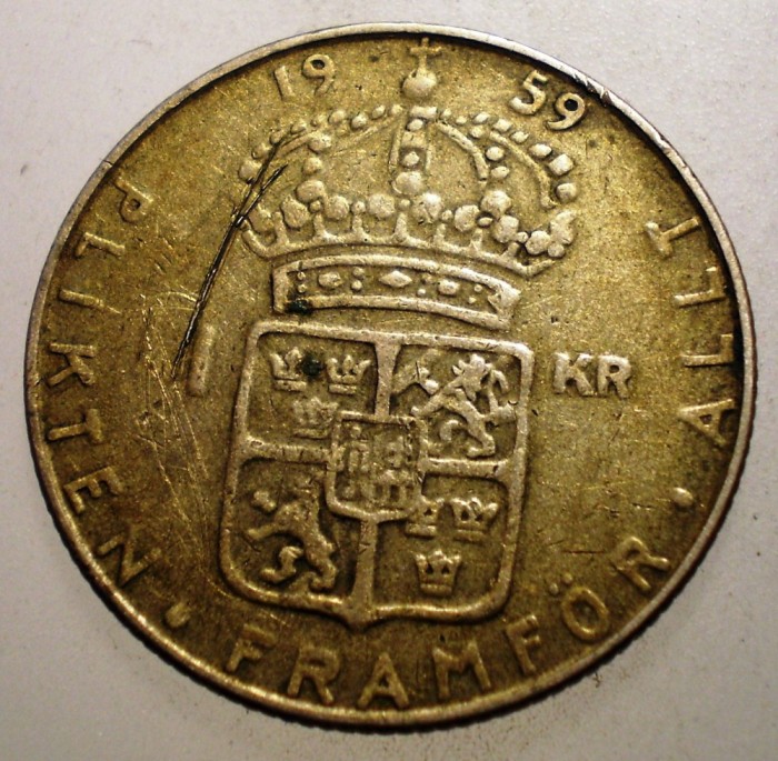 2.810 SUEDIA GUSTAF VI 1 KRONA 1959 .4 ARGINT 7g foto mare 2.810 SUEDIA GUSTAF VI 1 KRONA 1959 .4 ARGINT 7g foto mare