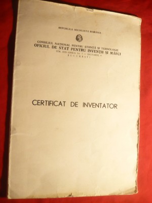 Certificat de Inventator pt. Ministerul Apararii Nationale RSR foto