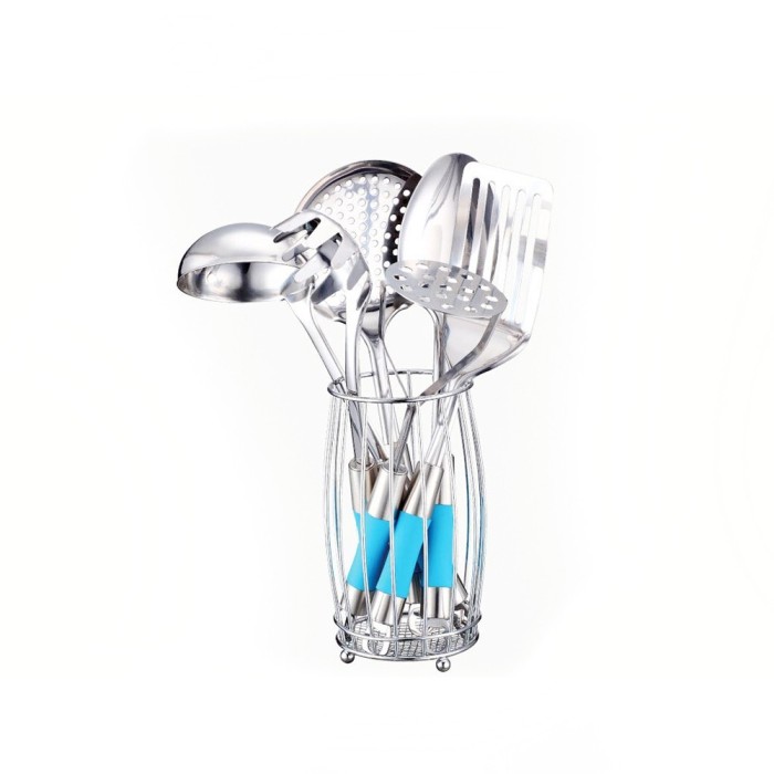 Set ustensile bucatarie din inox 6 piese cu suport, peterhof, maner albastru foto mare Set ustensile bucatarie din inox 6 piese cu suport, peterhof, maner albastru foto mare