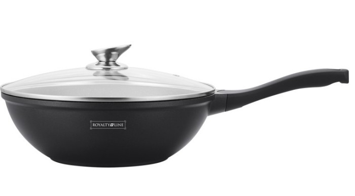 Tigaie wok cu capac 32 cm, invelis marmura, Royalty Line, negru foto mare Tigaie wok cu capac 32 cm, invelis marmura, Royalty Line, negru foto mare