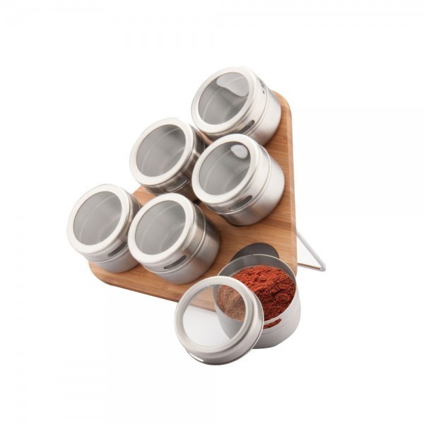 Set condimente cu suport magnetic din bambus estelle peterhof, 6 recipiente, 7 piese, inox, model triunghi foto mare Set condimente cu suport magnetic din bambus estelle peterhof, 6 recipiente, 7 piese, inox, model triunghi foto mare
