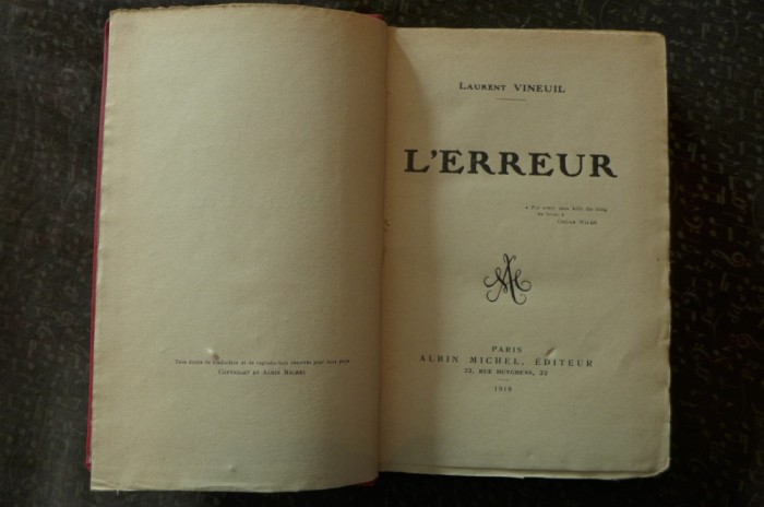 L'erreur de Laurent Vineuil Ed. Albin Michel Paris 1919 foto mare L'erreur de Laurent Vineuil Ed. Albin Michel Paris 1919 foto mare