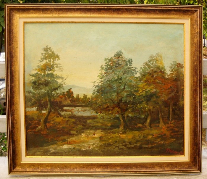 Traian Mocanu - Peisaj Padure cu stejari tablou pictat in ulei inramat 64x74cm foto mare Traian Mocanu - Peisaj Padure cu stejari tablou pictat in ulei inramat 64x74cm foto mare